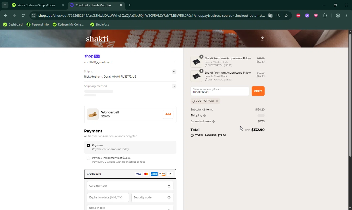 Shakti Mat US promo code screenshot showing code JUSTFORYOU applied at Shakti Mat US checkout page. Uploaded by SimplyCodes community member LHaunter on Jul 10, 2025