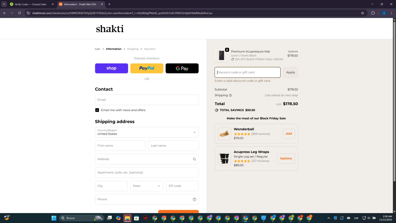 Shakti Mat US promo code screenshot showing code LOREN10 applied at Shakti Mat US checkout page. Uploaded by SimplyCodes community member CrownElite7615 on Nov 15, 2025