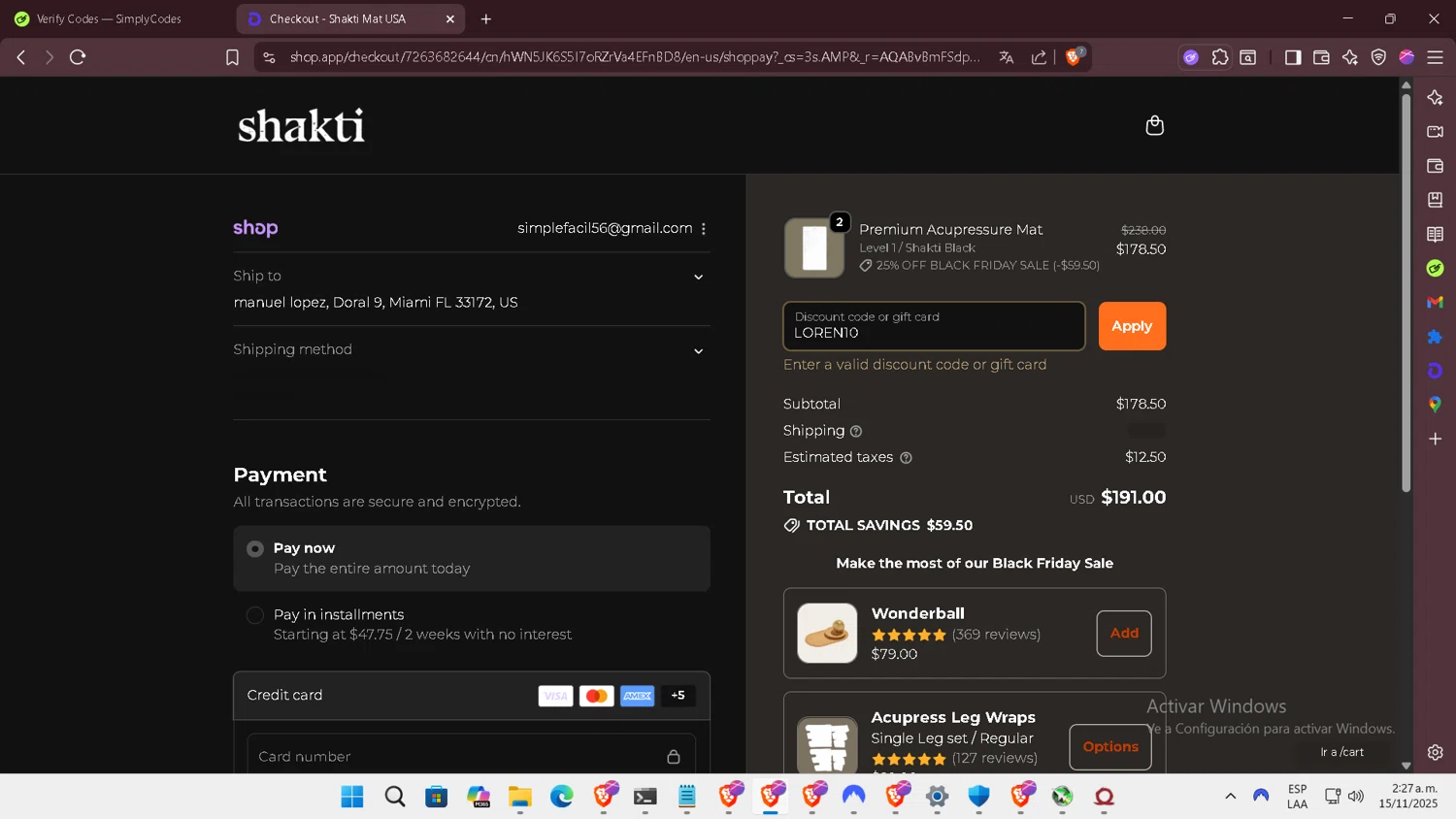 Shakti Mat US promo code screenshot showing code LOREN10 applied at Shakti Mat US checkout page. Uploaded by SimplyCodes community member SilverSentinel7889 on Nov 15, 2025