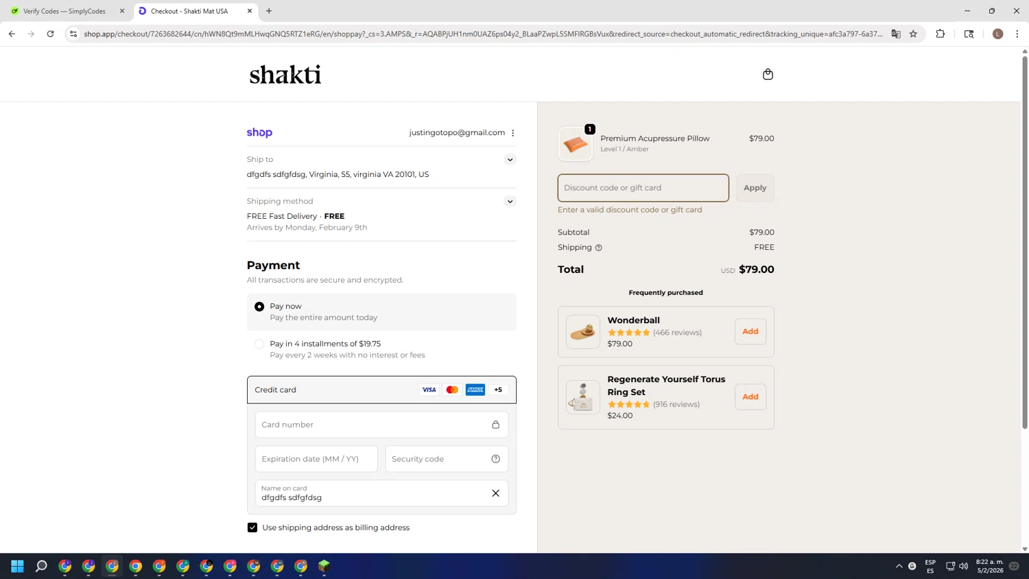 Shakti Mat US promo code screenshot showing code GARETH10 applied at Shakti Mat US checkout page. Uploaded by SimplyCodes community member BENELLI on Feb 5, 2026