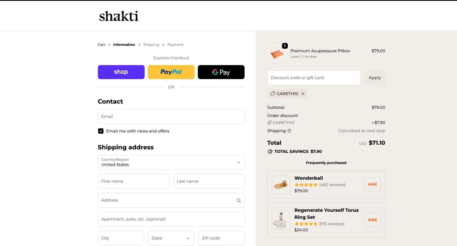 Shakti Mat US promo code screenshot showing code GARETH10 applied at Shakti Mat US checkout page. Uploaded by SimplyCodes community member ELOIN777 on Feb 2, 2026