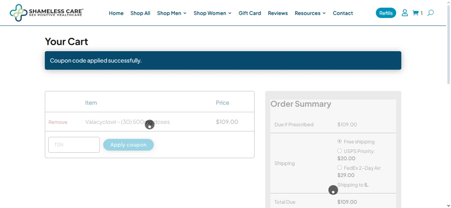 Shameless Care coupon code screenshot showing code TSN applied at Shameless Care checkout page. Uploaded by SimplyCodes community member Nubelinda on Aug 20, 2025