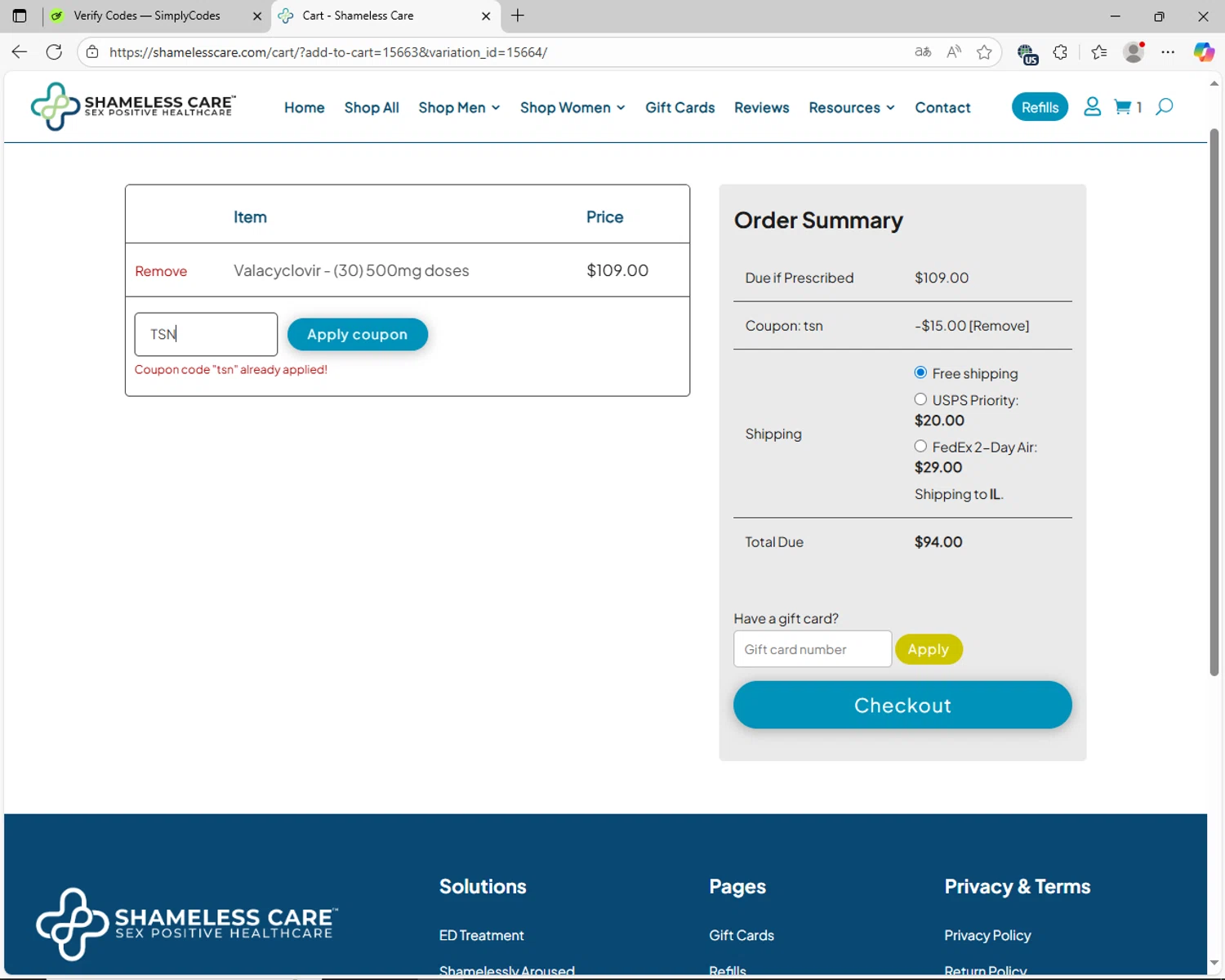 Shameless Care coupon code screenshot showing code TSN applied at Shameless Care checkout page. Uploaded by SimplyCodes community member jhoanDepp on Sep 18, 2025