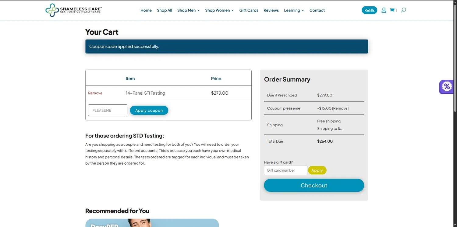 Shameless Care coupon code screenshot showing code PLEASEME applied at Shameless Care checkout page. Uploaded by SimplyCodes community member Depressive on Dec 13, 2025