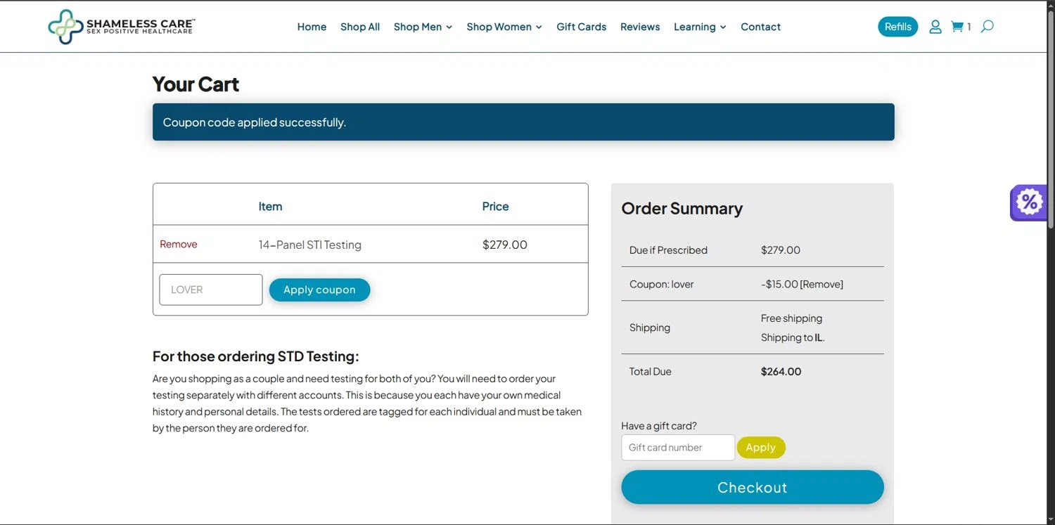 Shameless Care coupon code screenshot showing code LOVER applied at Shameless Care checkout page. Uploaded by SimplyCodes community member Depressive on Dec 28, 2025