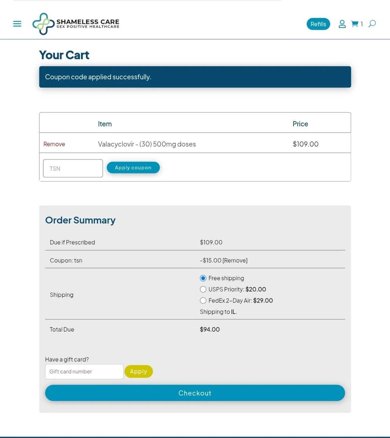 Shameless Care coupon code screenshot showing code TSN applied at Shameless Care checkout page. Uploaded by SimplyCodes community member JuanMonge on Jul 22, 2025