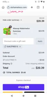 Shameless Snacks coupon verification screenshot