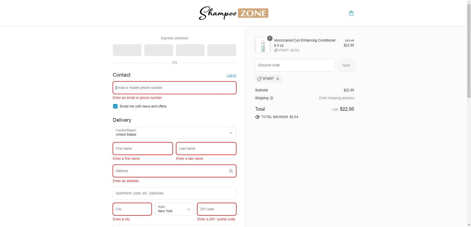 ShampooZone promo code screenshot showing code START applied at ShampooZone checkout page. Uploaded by SimplyCodes community member CleverHawk1744 on Jul 13, 2025