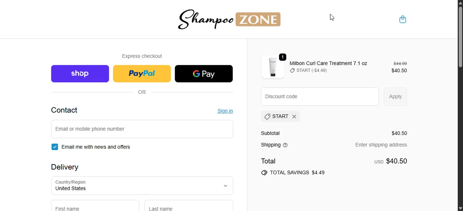 ShampooZone promo code screenshot showing code START applied at ShampooZone checkout page. Uploaded by SimplyCodes community member Prospecto on Sep 23, 2025