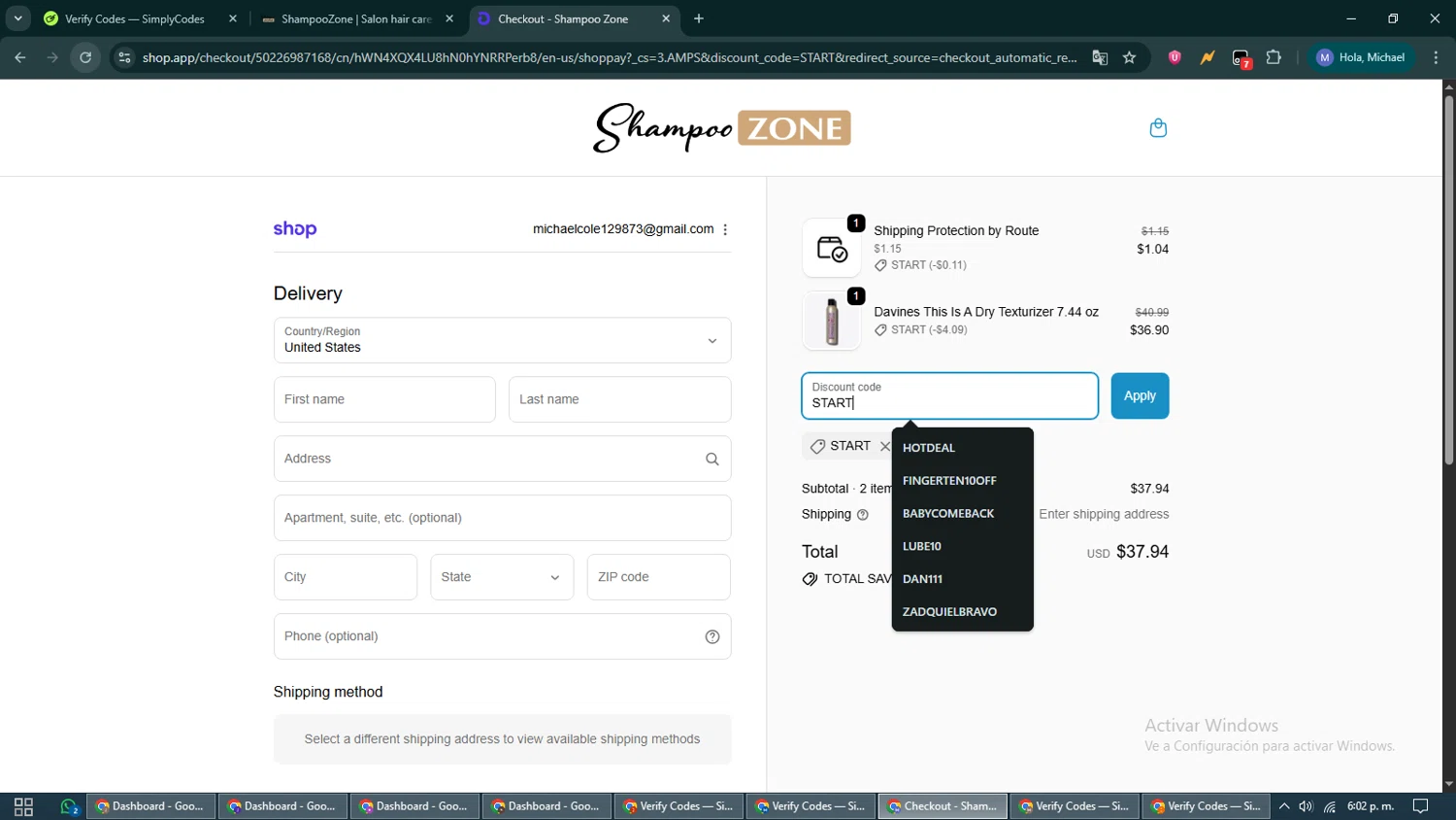 ShampooZone promo code screenshot showing code START applied at ShampooZone checkout page. Uploaded by SimplyCodes community member VoucherCurator824 on Oct 25, 2025
