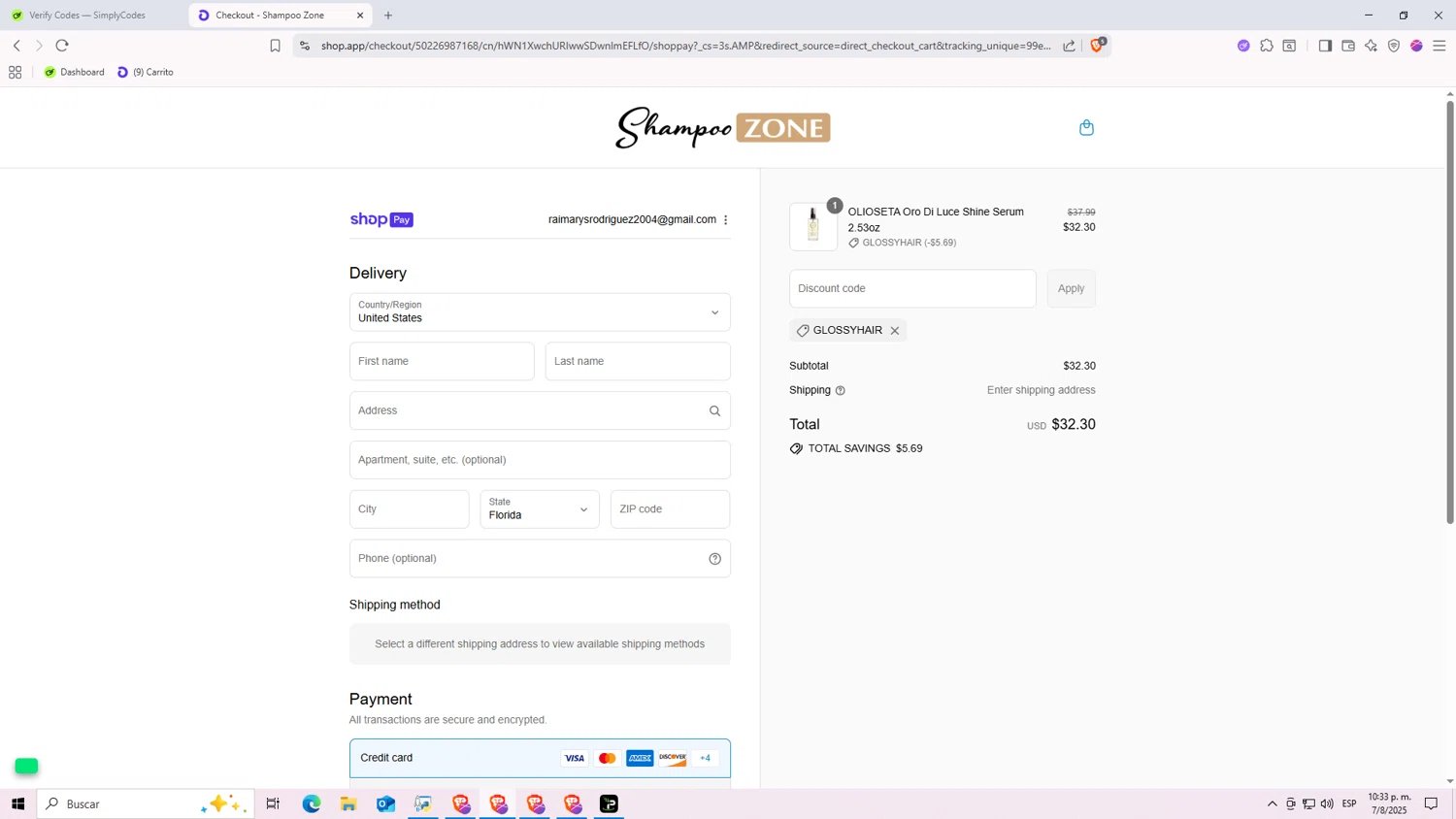 ShampooZone promo code screenshot showing code GLOSSYHAIR applied at ShampooZone checkout page. Uploaded by SimplyCodes community member Nezukooo on Aug 8, 2025