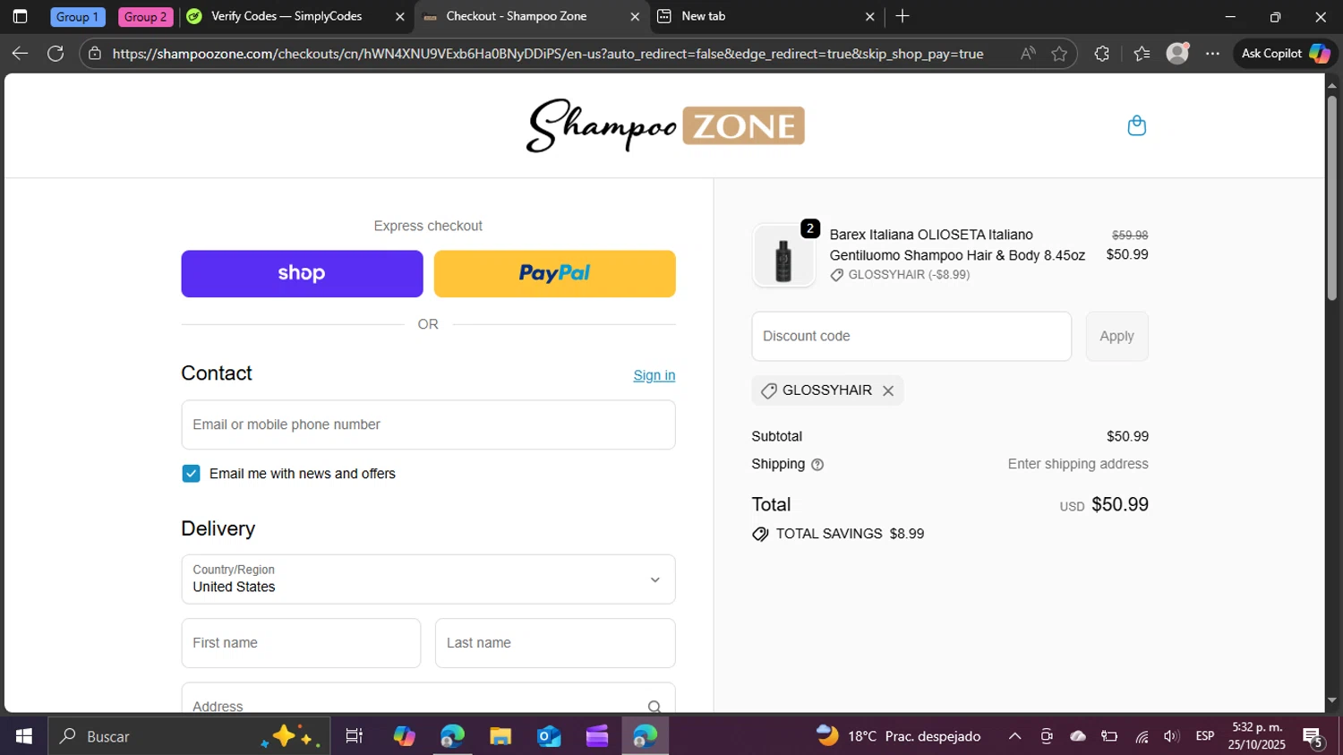 ShampooZone promo code screenshot showing code GLOSSYHAIR applied at ShampooZone checkout page. Uploaded by SimplyCodes community member swiftie on Oct 25, 2025