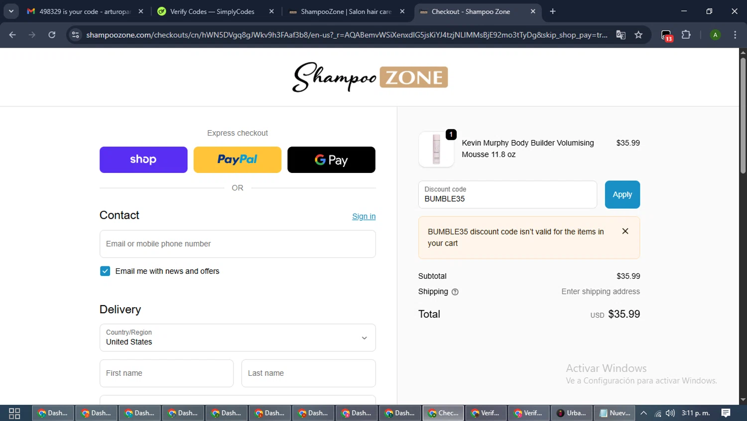 ShampooZone promo code screenshot showing code BUMBLE35 applied at ShampooZone checkout page. Uploaded by SimplyCodes community member CashLynx5338 on Nov 12, 2025