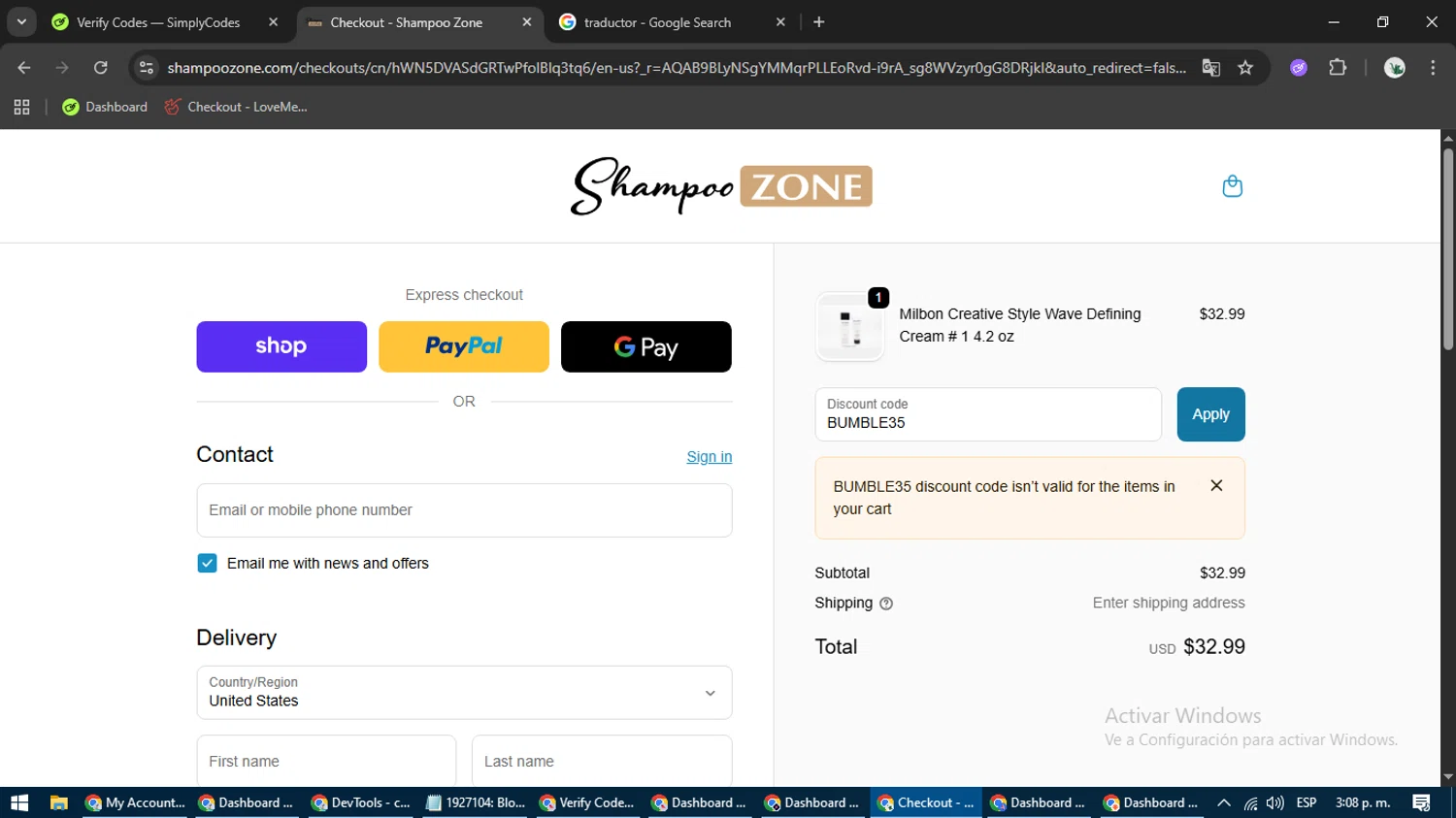 ShampooZone promo code screenshot showing code BUMBLE35 applied at ShampooZone checkout page. Uploaded by SimplyCodes community member VoucherVoyager4577 on Nov 12, 2025