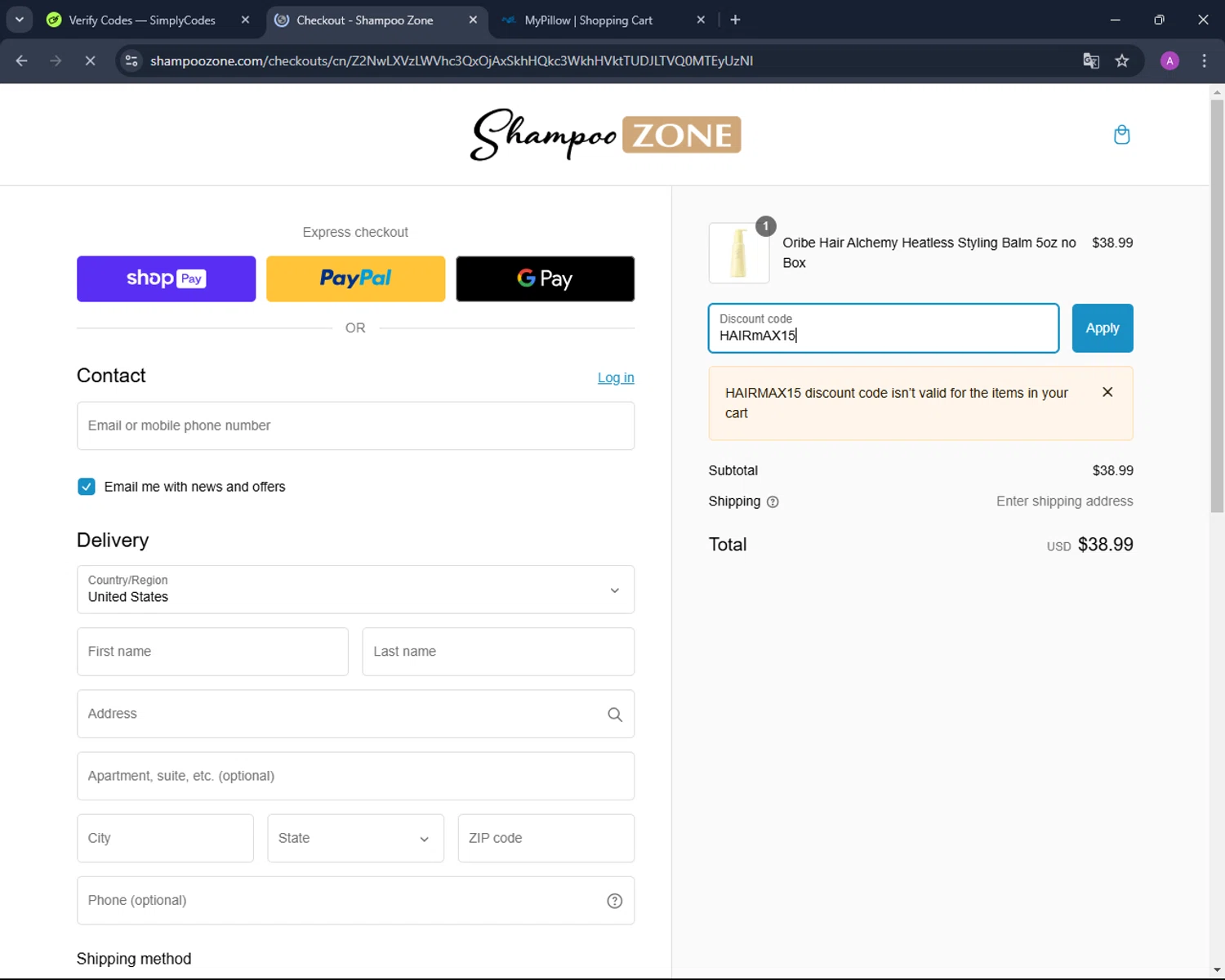 ShampooZone promo code screenshot showing code HAIRmAX15 applied at ShampooZone checkout page. Uploaded by SimplyCodes community member AndreinaA on Jan 13, 2025