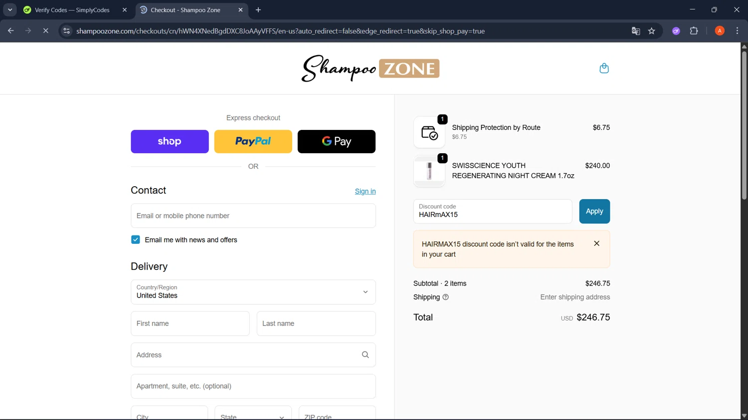 ShampooZone promo code screenshot showing code HAIRmAX15 applied at ShampooZone checkout page. Uploaded by SimplyCodes community member GoldChaser2970 on Oct 25, 2025