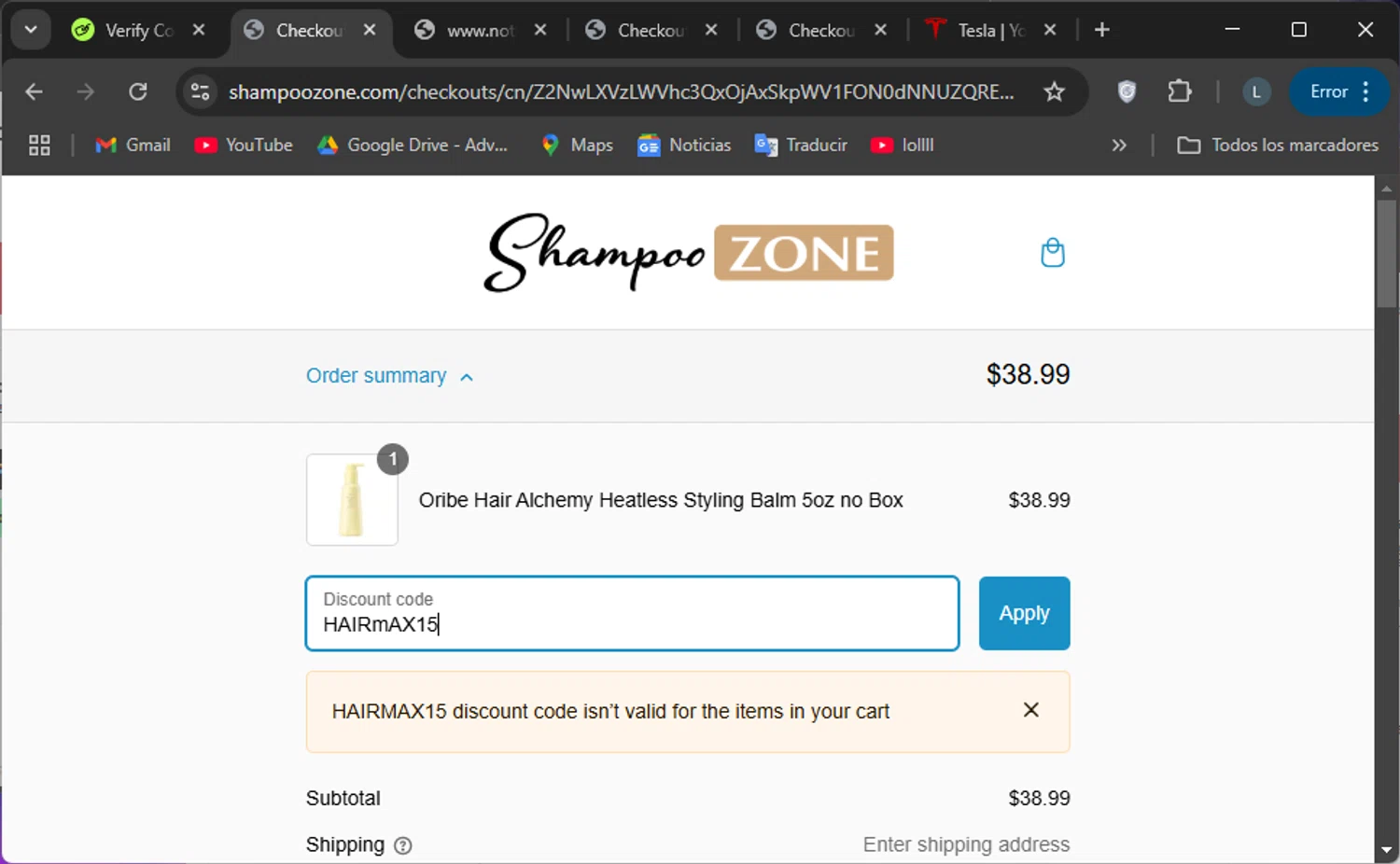 ShampooZone promo code screenshot showing code HAIRmAX15 applied at ShampooZone checkout page. Uploaded by SimplyCodes community member SoyLuis on Jan 30, 2025