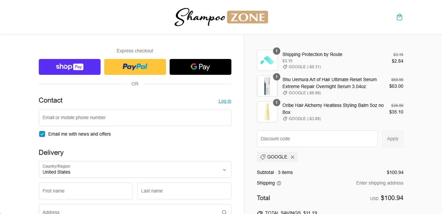 ShampooZone promo code screenshot showing code GOOGLE applied at ShampooZone checkout page. Uploaded by SimplyCodes community member CouponCurator5931 on Feb 26, 2025