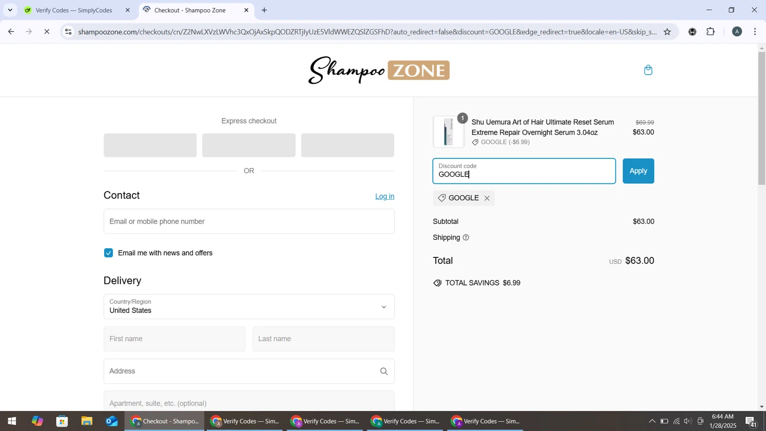 ShampooZone promo code screenshot showing code GOOGLE applied at ShampooZone checkout page. Uploaded by SimplyCodes community member BonusMonarch7015 on Jan 28, 2025