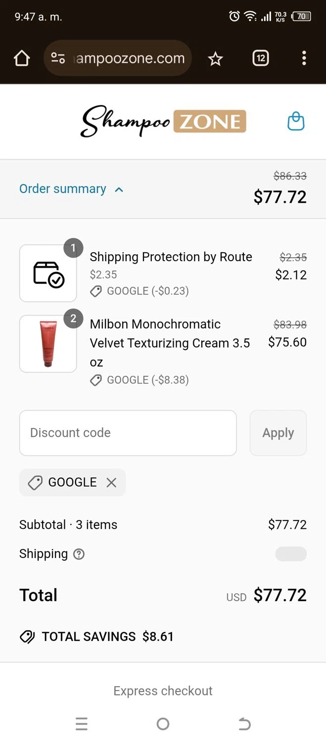 ShampooZone promo code screenshot showing code GOOGLE applied at ShampooZone checkout page. Uploaded by SimplyCodes community member jorgeston on May 23, 2025