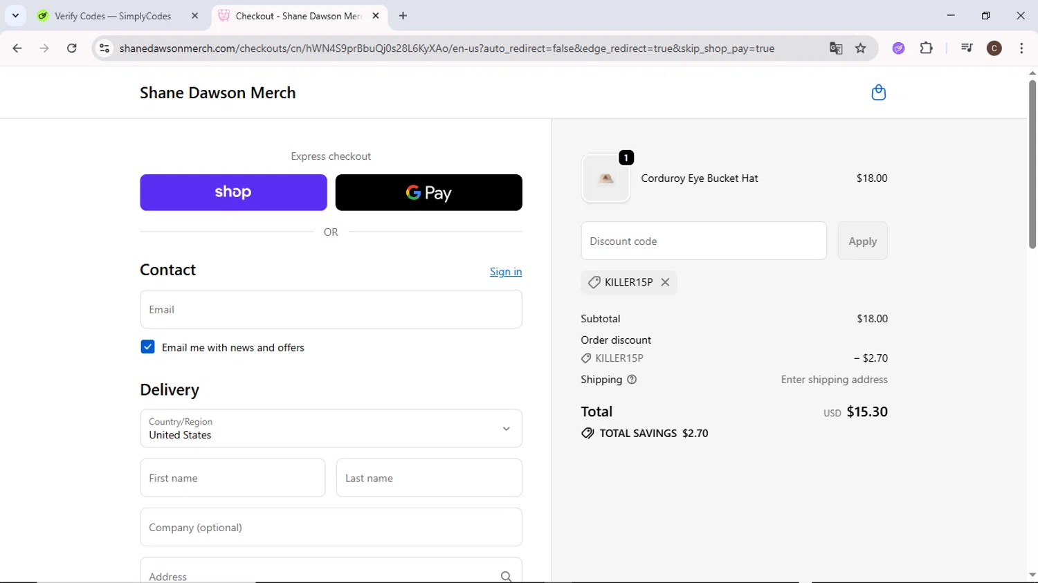 Shane Dawson promo code screenshot showing code KILLER15P applied at Shane Dawson checkout page. Uploaded by SimplyCodes community member MoneyPilot9634 on Oct 23, 2025