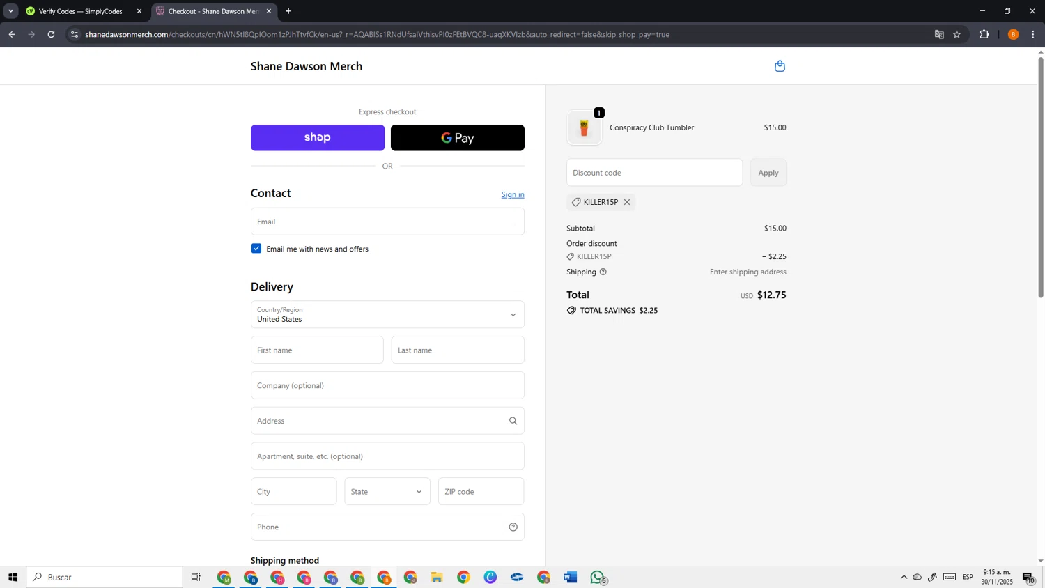 Shane Dawson promo code screenshot showing code KILLER15P applied at Shane Dawson checkout page. Uploaded by SimplyCodes community member VoucherSage2253 on Nov 30, 2025