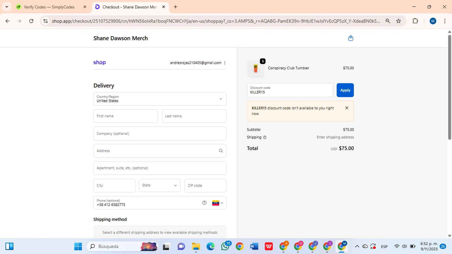 Shane Dawson promo code screenshot showing code KILLER15 applied at Shane Dawson checkout page. Uploaded by SimplyCodes community member BrilliantLion8135 on Nov 9, 2025