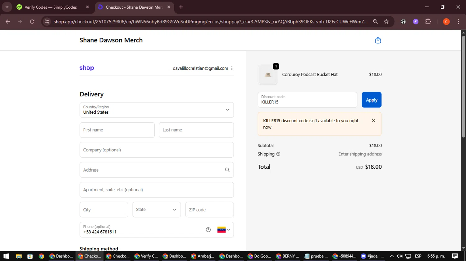 Shane Dawson promo code screenshot showing code KILLER15 applied at Shane Dawson checkout page. Uploaded by SimplyCodes community member NatanaelCano on Nov 9, 2025