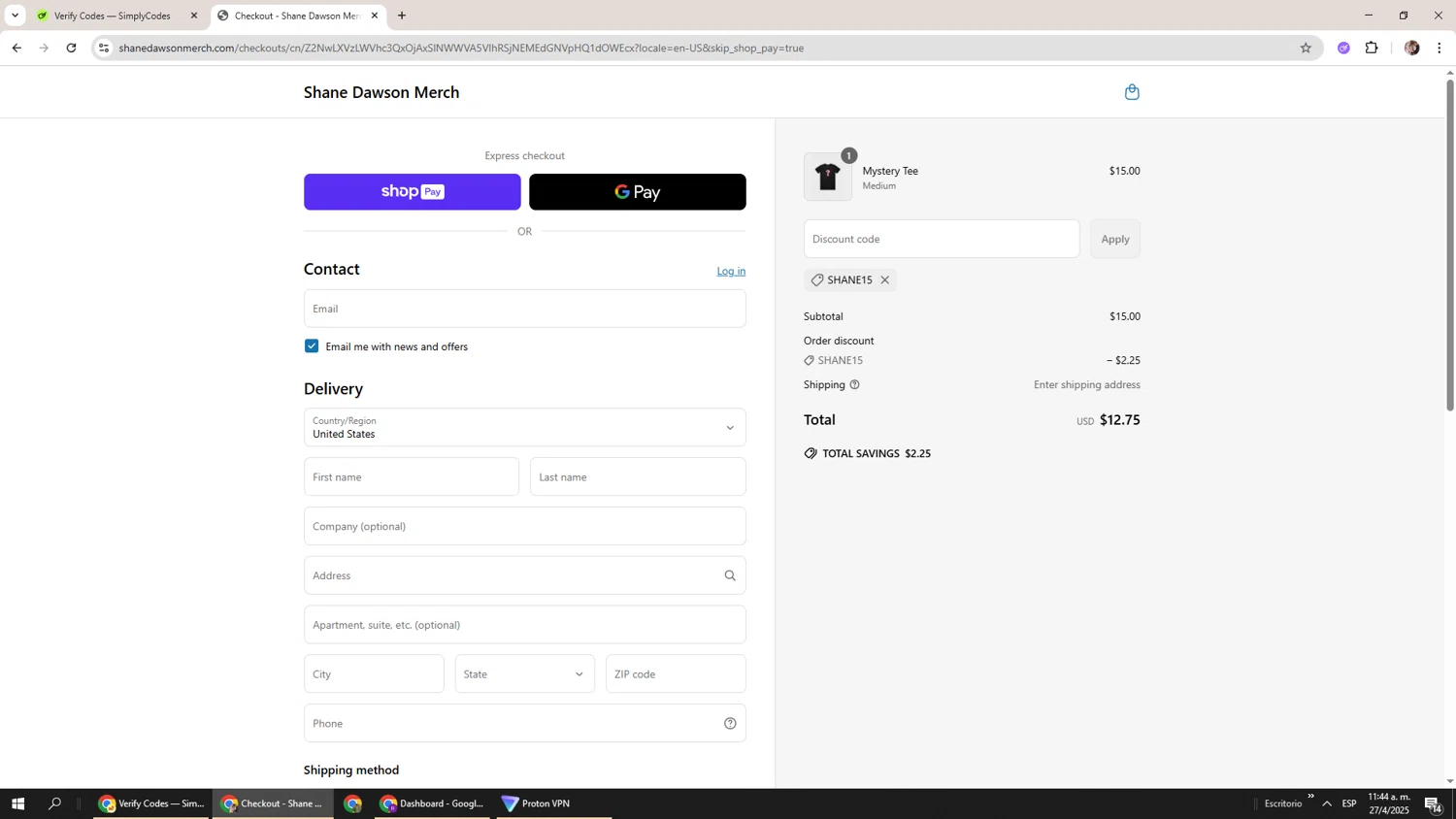 Shane Dawson promo code screenshot showing code SHANE15 applied at Shane Dawson checkout page. Uploaded by SimplyCodes community member Levi_Ackerman on Apr 27, 2025