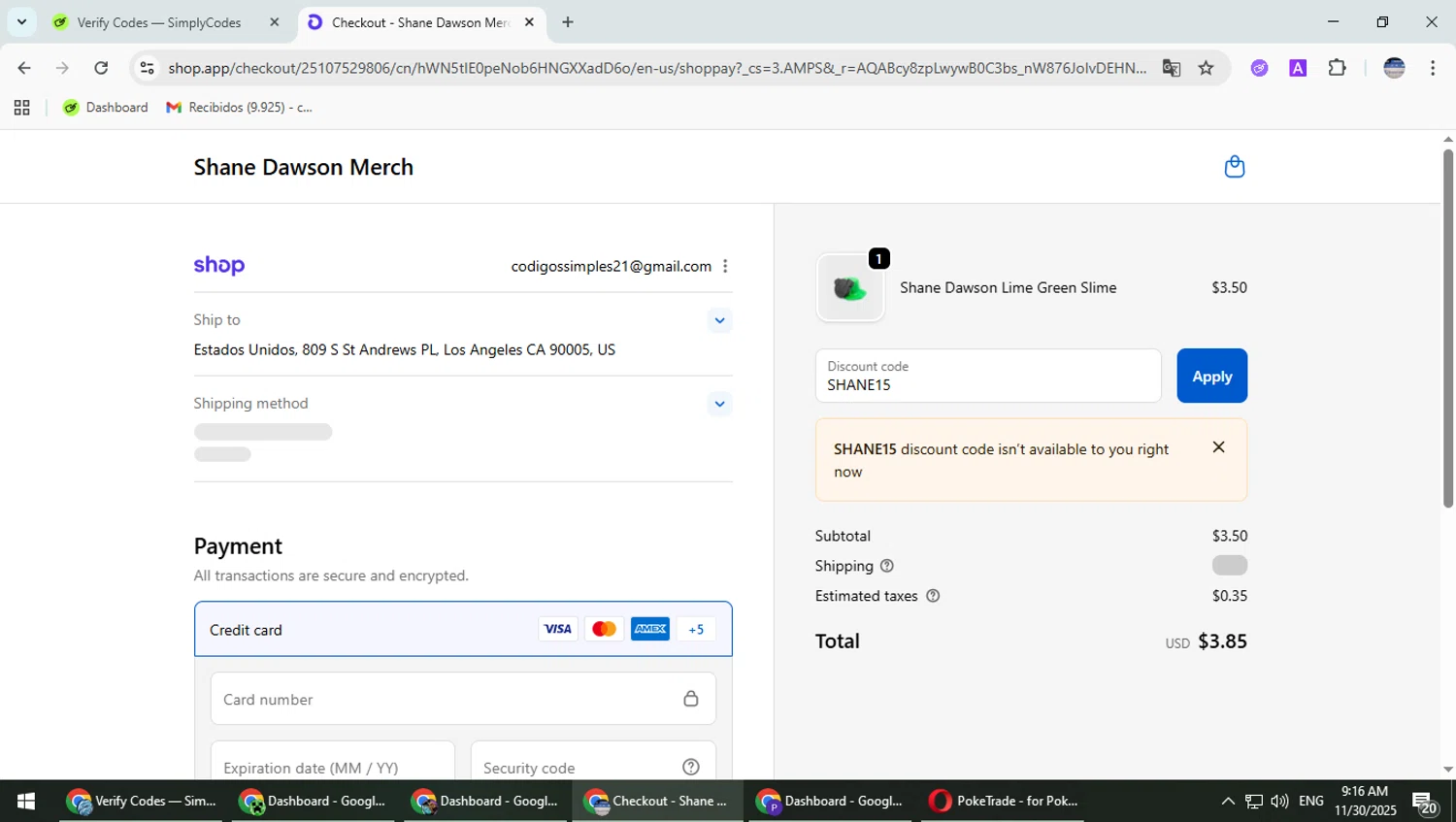 Shane Dawson promo code screenshot showing code SHANE15 applied at Shane Dawson checkout page. Uploaded by SimplyCodes community member TrevorPhilips on Nov 30, 2025