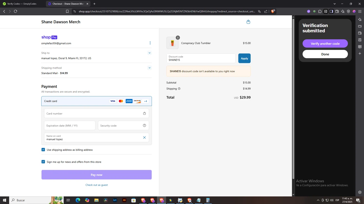 Shane Dawson promo code screenshot showing code SHANE15 applied at Shane Dawson checkout page. Uploaded by SimplyCodes community member NobleLegend6162 on Apr 27, 2025