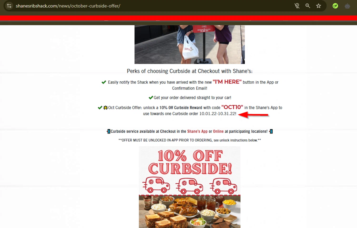 Shane's Rib Shack promo code screenshot showing code OCT10 applied at Shane's Rib Shack checkout page. Uploaded by SimplyCodes community member SimplyCVerlie on Mar 13, 2025