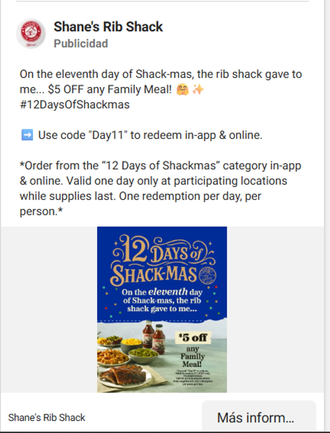 Shane's Rib Shack promo code screenshot showing code Day11 applied at Shane's Rib Shack checkout page. Uploaded by SimplyCodes community member antonietarodriguez96 on Dec 11, 2025