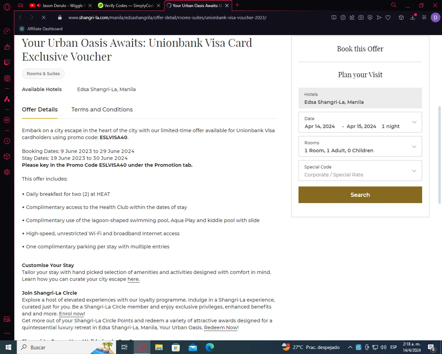 Shangri-La Hotels and Resorts checkout page showing Shangri-La Hotels and Resorts promo code box | Screenshot taken by SimplyCodes community member on Apr 14, 2024