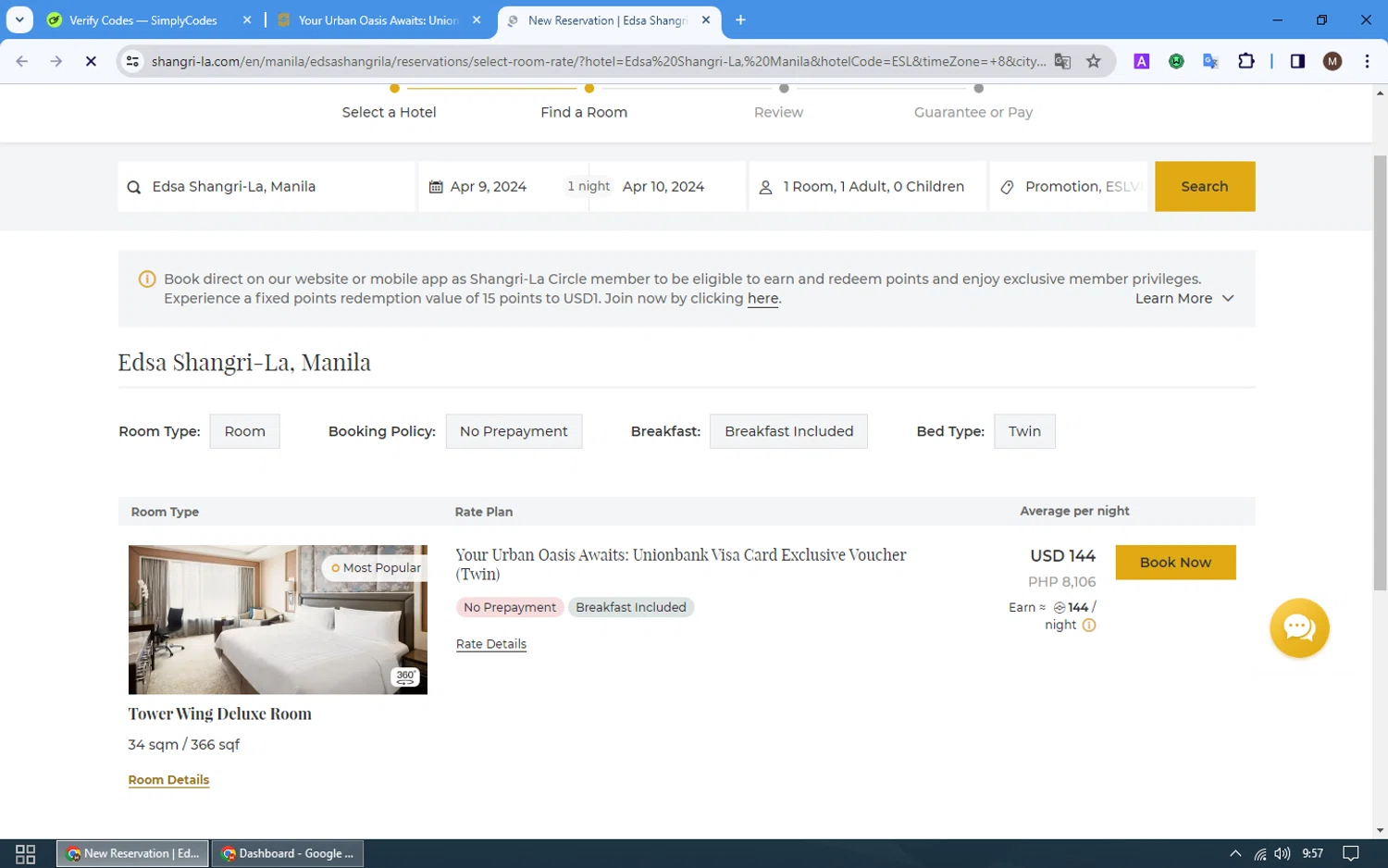 Shangri-La Hotels and Resorts checkout page showing Shangri-La Hotels and Resorts promo code box | Screenshot taken by SimplyCodes community member on Apr 9, 2024