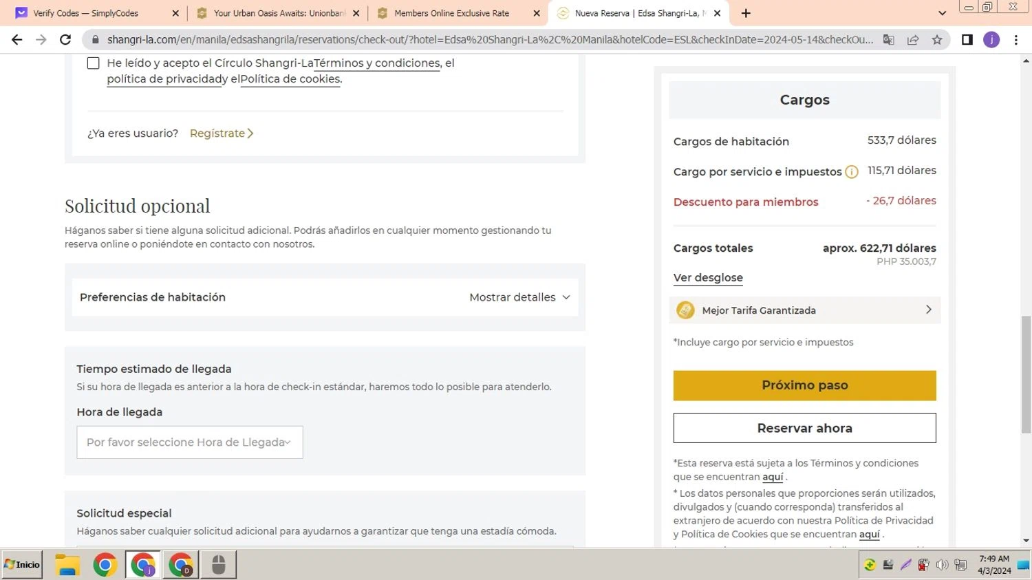 Shangri-La Hotels and Resorts checkout page showing Shangri-La Hotels and Resorts promo code box | Screenshot taken by SimplyCodes community member on Apr 3, 2024