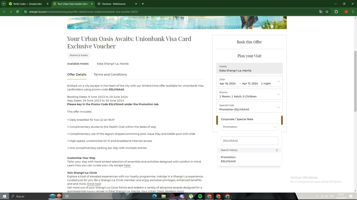 Shangri-La Hotels and Resorts checkout page showing Shangri-La Hotels and Resorts promo code box | Screenshot taken by SimplyCodes community member on Apr 16, 2024