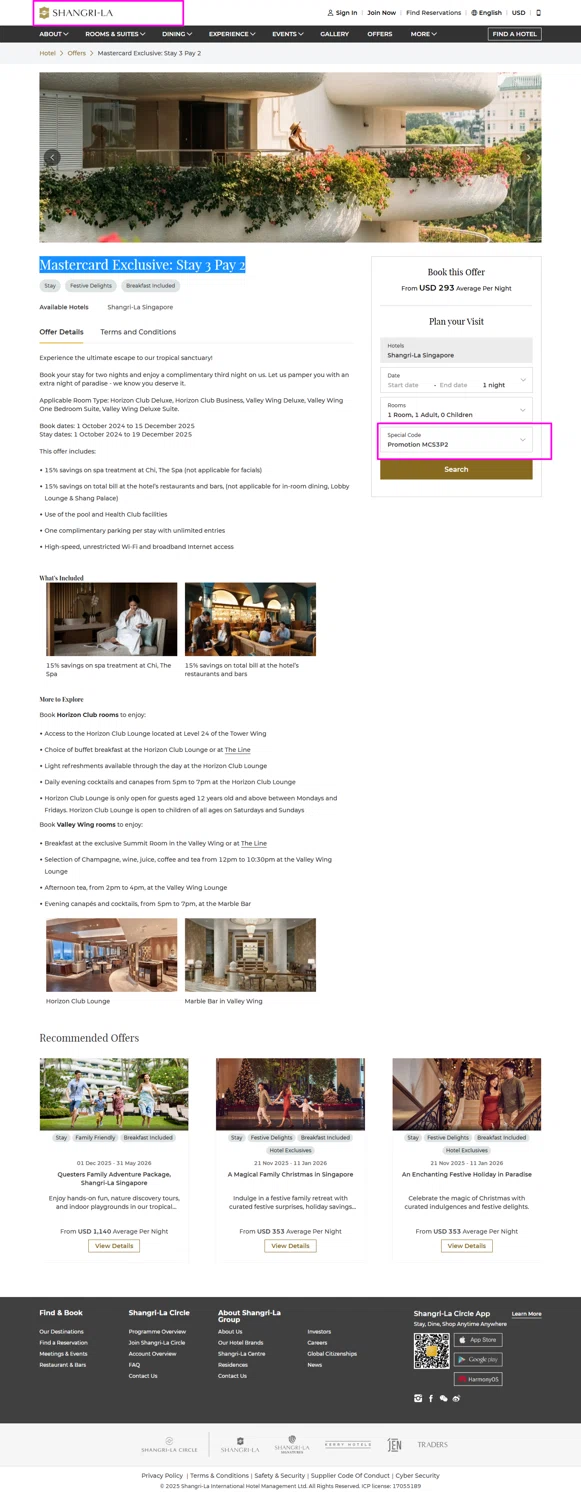 Shangri-La Hotels and Resorts promo code screenshot showing code MCS3P2 applied at Shangri-La Hotels and Resorts checkout page. Uploaded by SimplyCodes community member mrdarcy on Nov 27, 2025