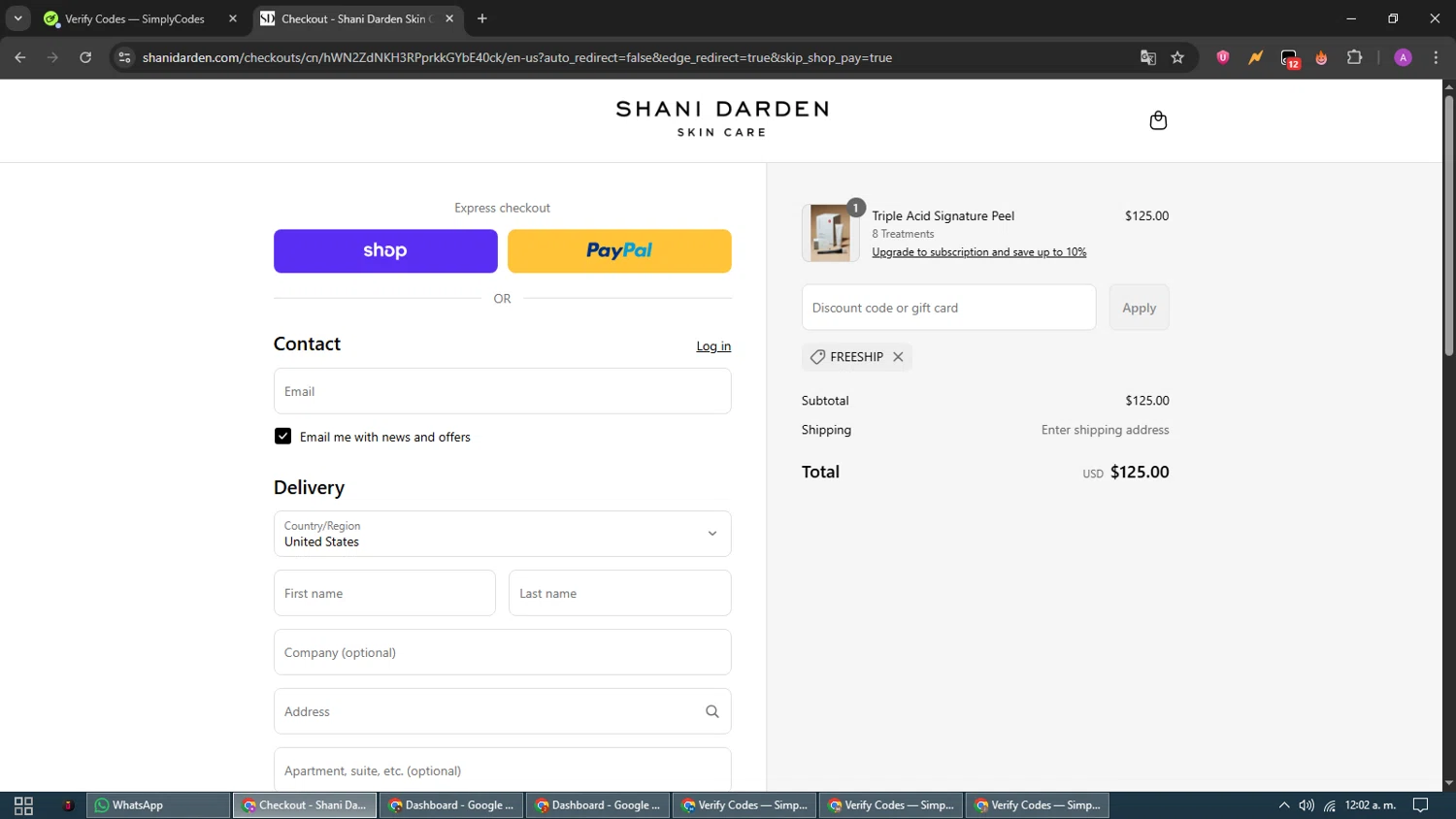 Shani Darden promo code screenshot showing code FREESHIP applied at Shani Darden checkout page. Uploaded by SimplyCodes community member CouponScout5403 on Sep 4, 2025