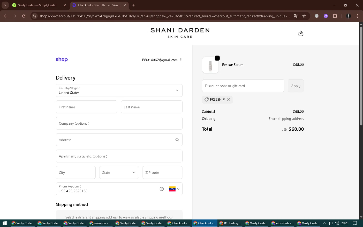 Shani Darden promo code screenshot showing code FREESHIP applied at Shani Darden checkout page. Uploaded by SimplyCodes community member alexdaal on Oct 15, 2025