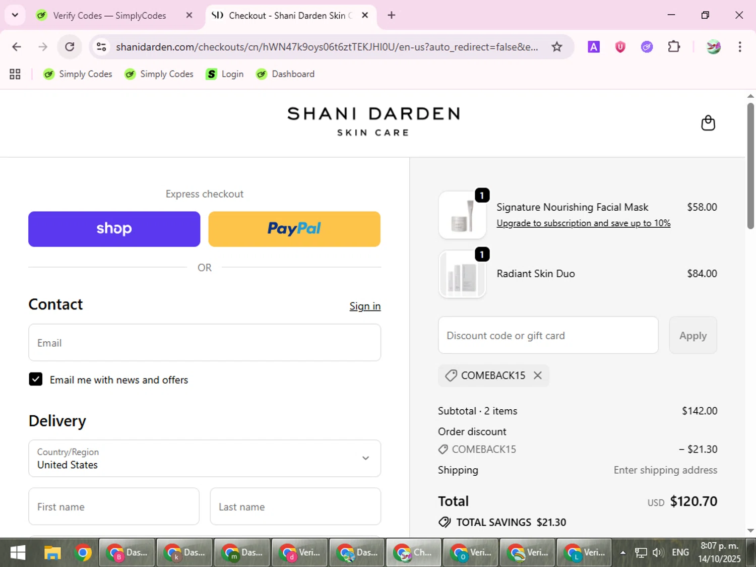 Shani Darden promo code screenshot showing code COMEBACK15 applied at Shani Darden checkout page. Uploaded by SimplyCodes community member SilverExpert5694 on Oct 15, 2025