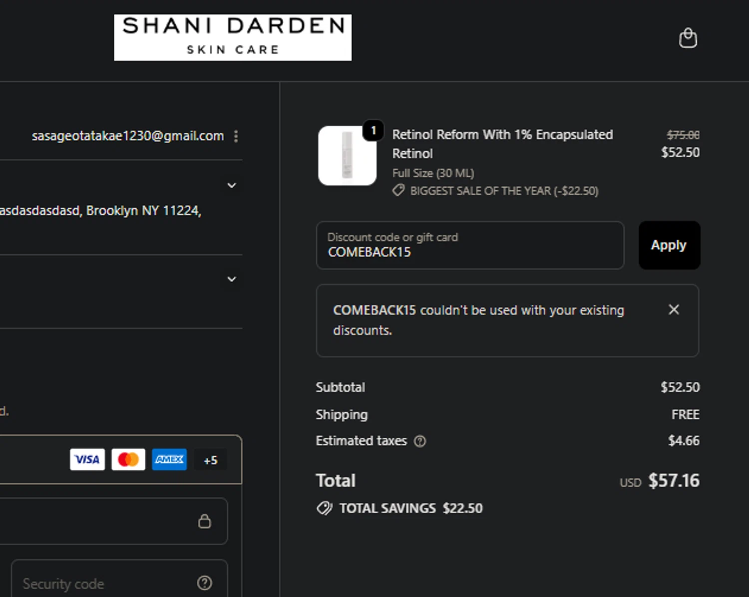 Shani Darden promo code screenshot showing code COMEBACK15 applied at Shani Darden checkout page. Uploaded by SimplyCodes community member jaimitoalcachofa on Nov 30, 2025