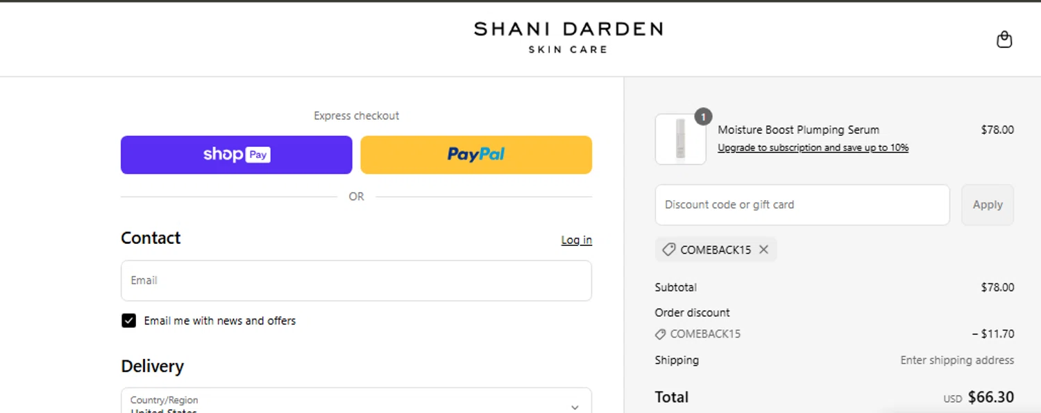 Shani Darden promo code screenshot showing code COMEBACK15 applied at Shani Darden checkout page. Uploaded by SimplyCodes community member Jhonny on Jun 20, 2025