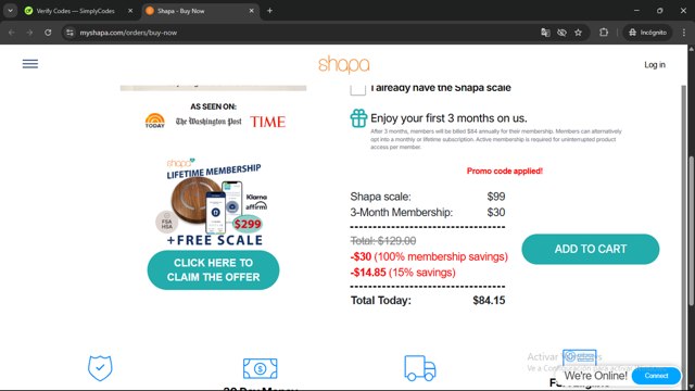 Shapa checkout page showing Shapa promo code box | Screenshot taken by SimplyCodes community member on Jul 27, 2025