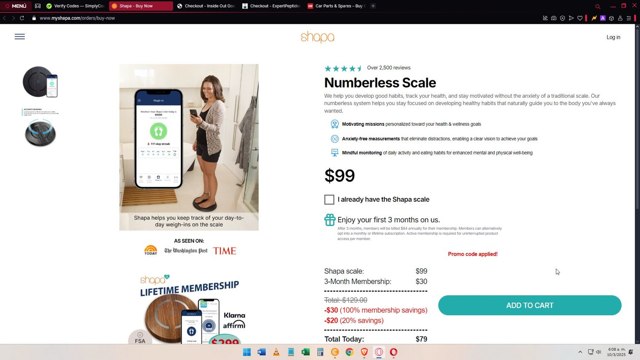 Shapa checkout page showing Shapa promo code box | Screenshot taken by SimplyCodes community member on Mar 10, 2025