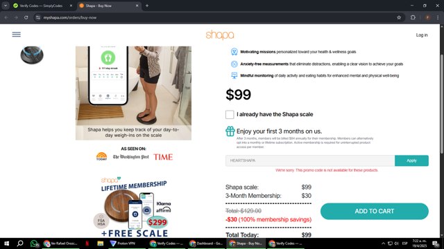 Shapa checkout page showing Shapa promo code box | Screenshot taken by SimplyCodes community member on Apr 19, 2025