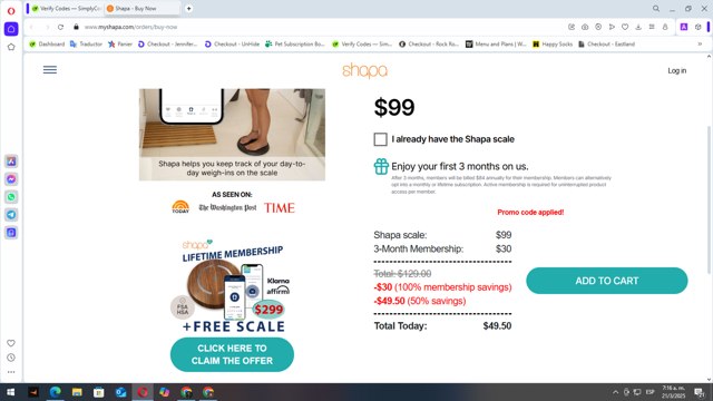 Shapa checkout page showing Shapa promo code box | Screenshot taken by SimplyCodes community member on Mar 21, 2025