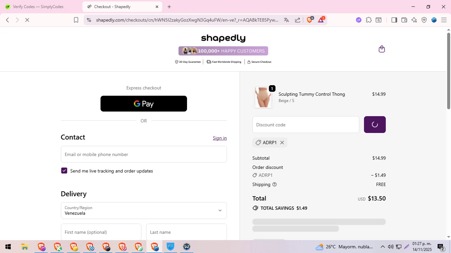 Shapedly coupon code screenshot showing code ADRP1 applied at Shapedly checkout page. Uploaded by SimplyCodes community member MoneySeeker8573 on Nov 14, 2025