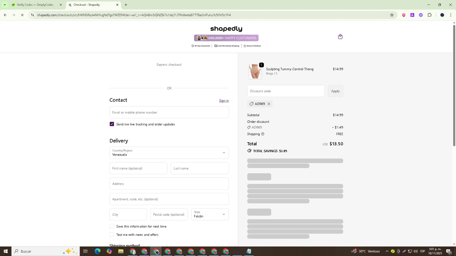 Shapedly coupon code screenshot showing code ADRK9 applied at Shapedly checkout page. Uploaded by SimplyCodes community member GoldRanger7074 on Nov 18, 2025