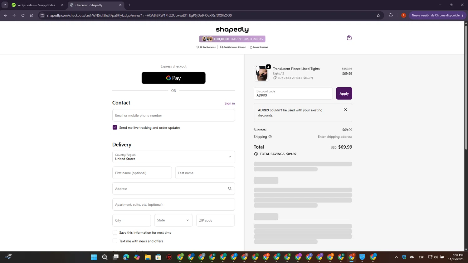 Shapedly coupon code screenshot showing code ADRK9 applied at Shapedly checkout page. Uploaded by SimplyCodes community member MagnificentExpert2705 on Nov 26, 2025